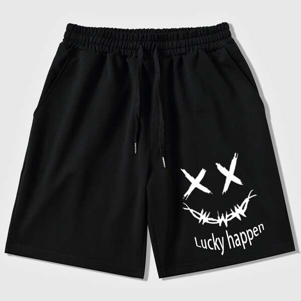 

Men Letter & Cartoon Graphic Drawstring Shorts, Black