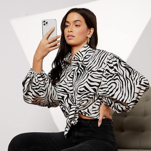 

Zebra Stripe Lantern Sleeve Blouse, Black and white