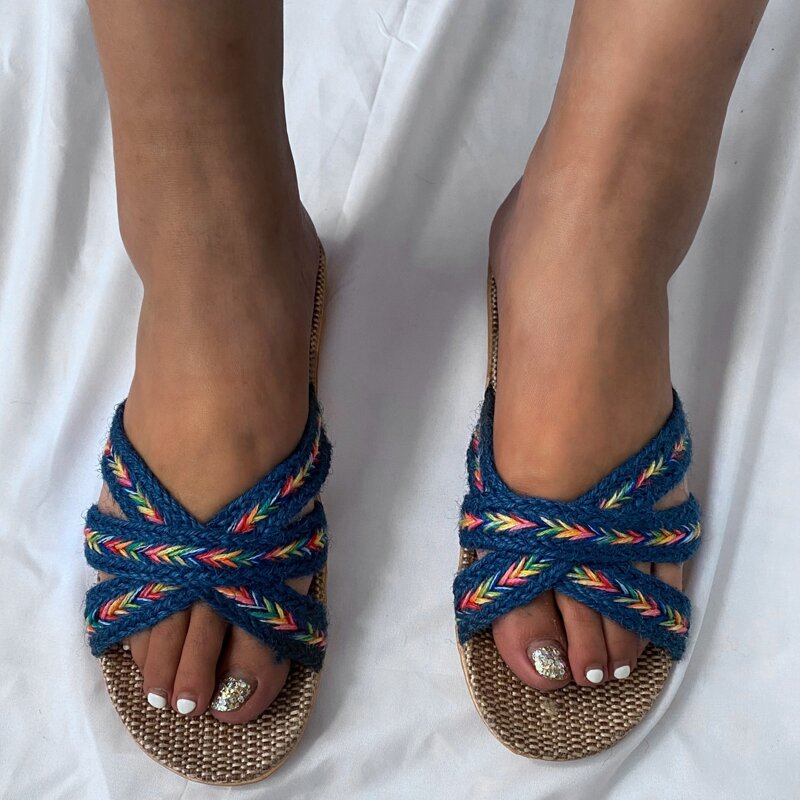 

Chevron Cross Strap Espadrille Slides, Blue