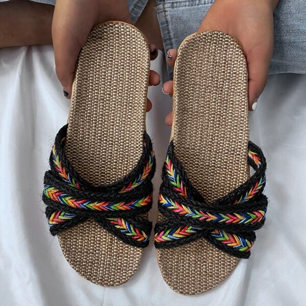 

Chevron Cross Strap Espadrille Slides, Black