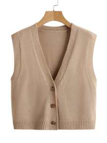 SHEIN Unity Cárdigan escote V con botón delantero - Albaricoque - Ver 1