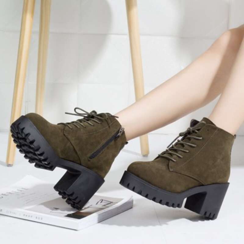 

Side Zipper Lace-up Front Ankle Boots, Army green