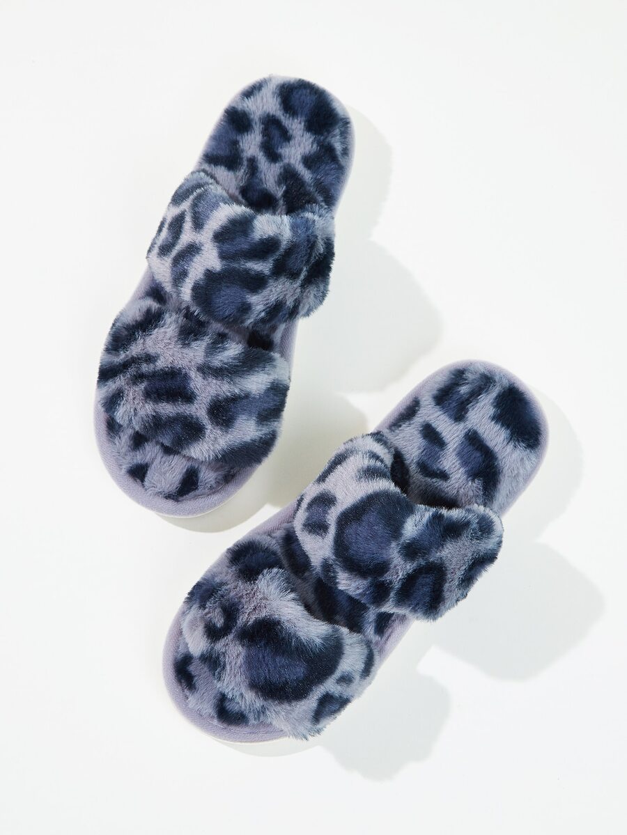 Leopard Double Strap Fluffy Slippers - Blue - View 1