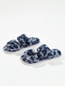 Leopard Double Strap Fluffy Slippers - Blue - View 2