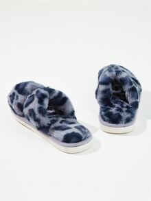 Leopard Double Strap Fluffy Slippers - Blue - View 4