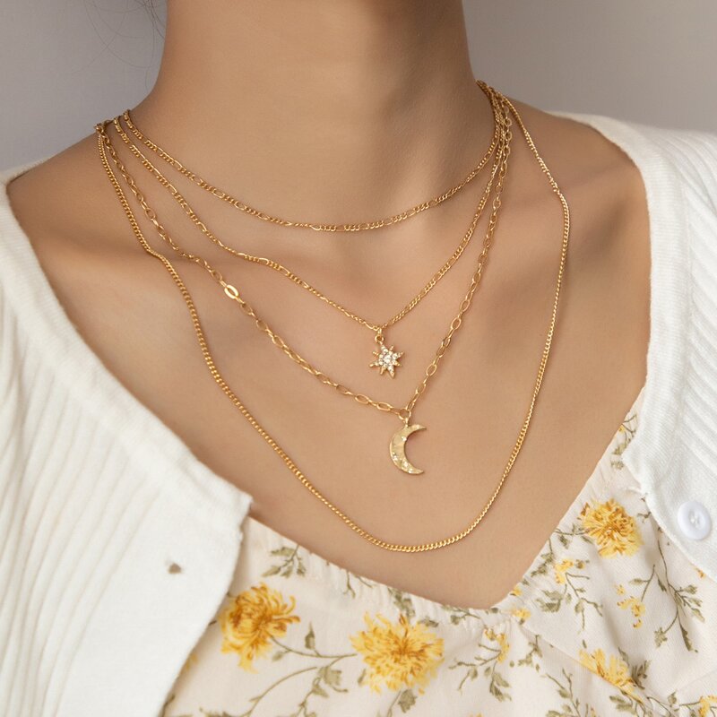 

Moon & Star Layered Chain Necklace, Gold