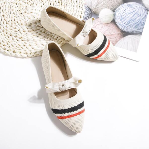 

Girls Bow Decor Striped Ballet Flats, Beige