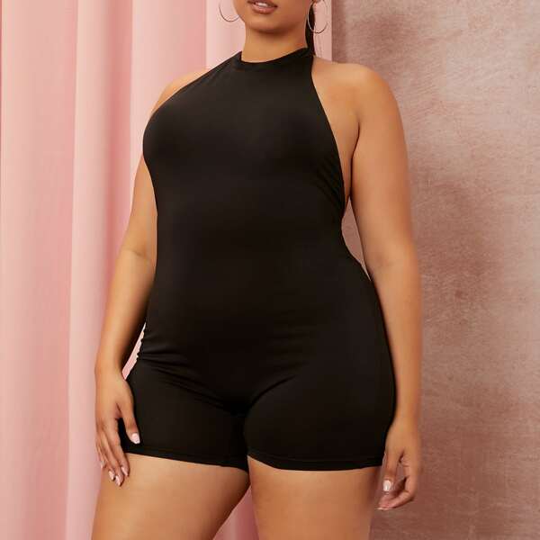 

Plus Tie Back Unitard Romper, Black