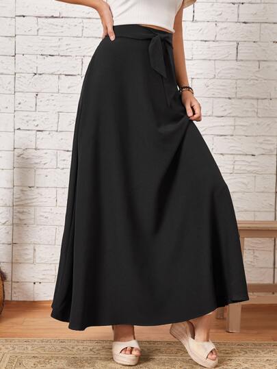 EMERY ROSE Belted Tie A-Line Skirt