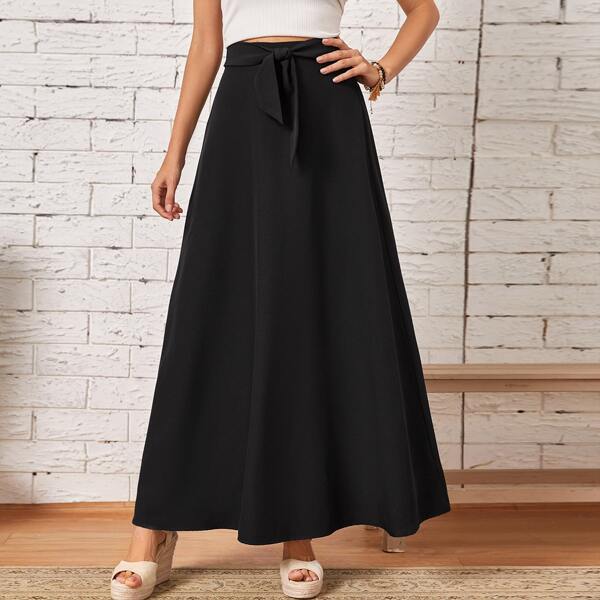 

Belted Tie A-line Skirt, Black