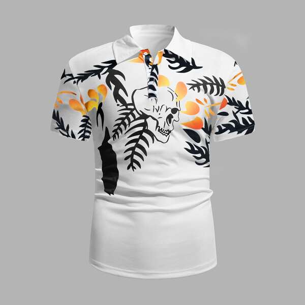 

Men Skull And Plants Print Polo Shirt, White
