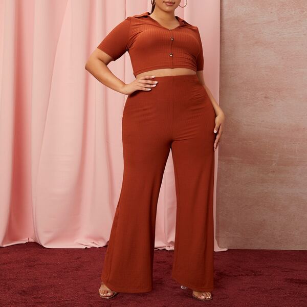 

Plus Single Breasted Crop Top & Wide Leg Pants, Rust brown