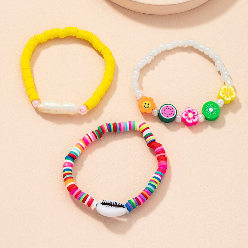 

3pcs Flower & Shell Bracelet, Multicolor