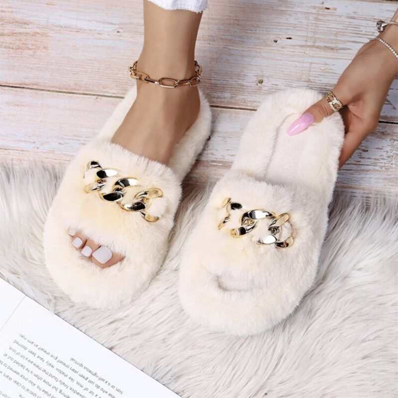 

Fluffy Open Toe Slippers, Beige
