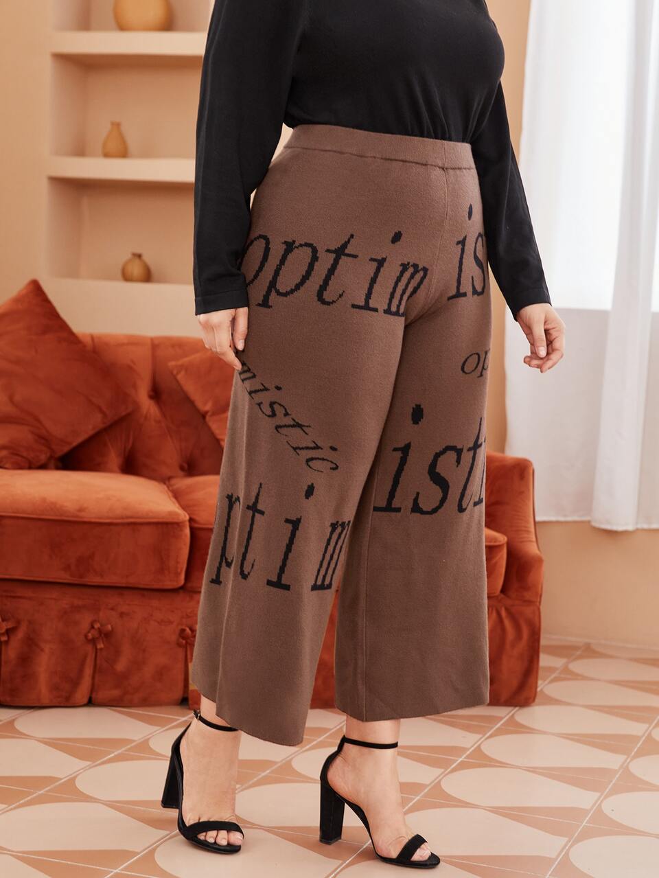 Plus Letter Pattern Knit Pants