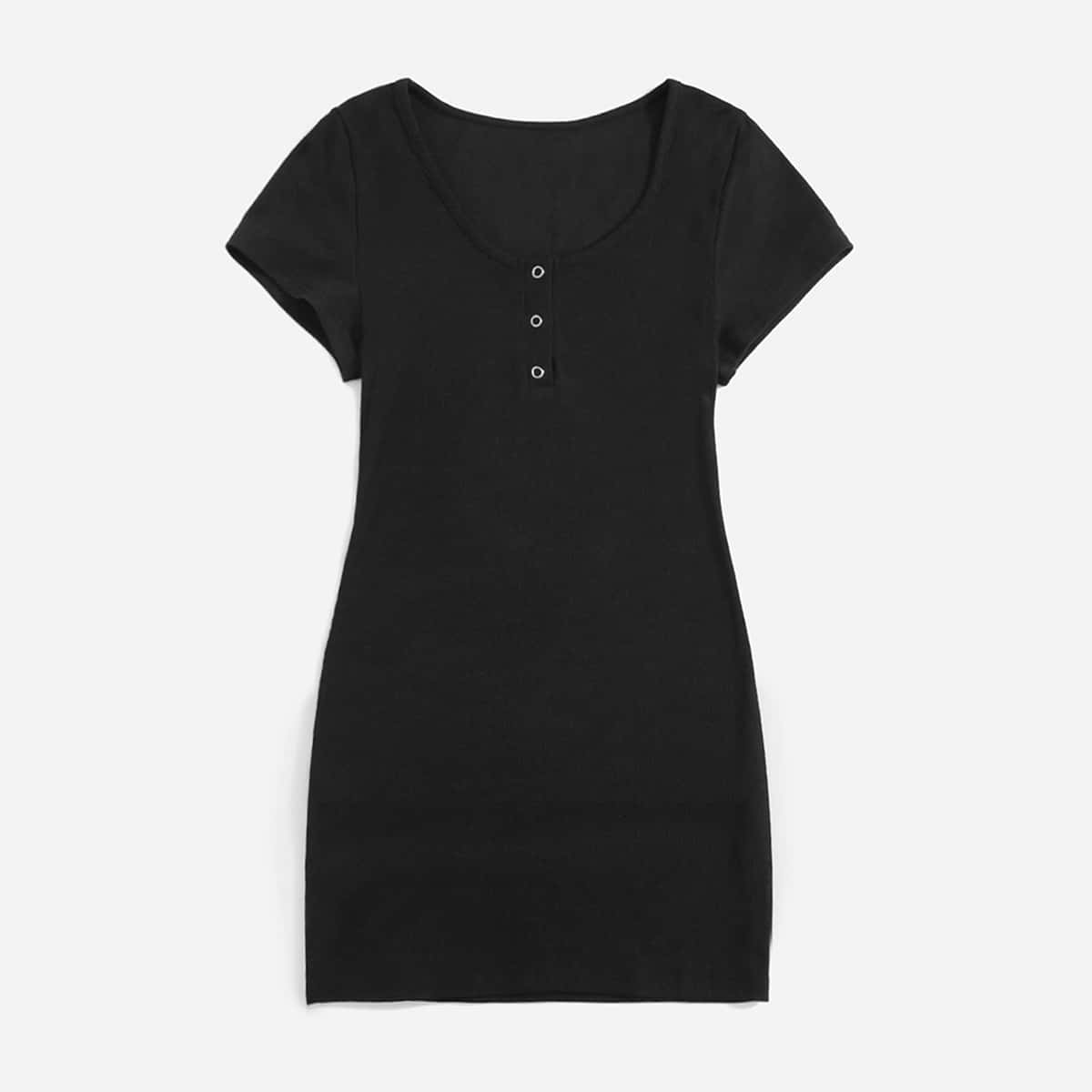 

Solid Half Button Bodycon Dress, Black