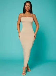SHEIN SXY Solid Criss-cross Backless Bodycon Dress - Beige - View 1