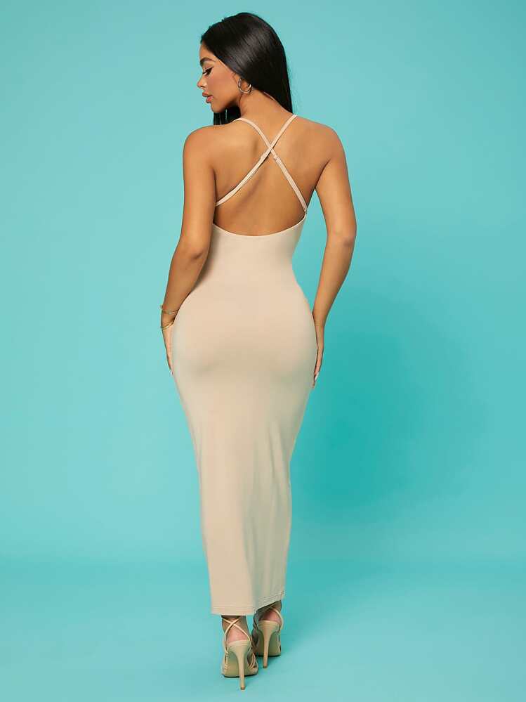 SHEIN SXY Solid Criss-cross Backless Bodycon Dress - Beige - View 2