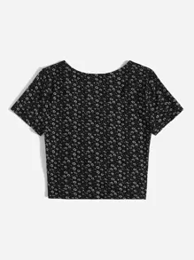 SHEIN EZwear Camiseta de verano con cordón delantero, estilo Cottagecore con estampado floral disperso de talla grande - Negro - Ver 2