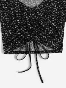 SHEIN EZwear Camiseta de verano con cordón delantero, estilo Cottagecore con estampado floral disperso de talla grande - Negro - Ver 3