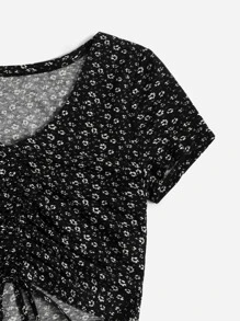 SHEIN EZwear Camiseta de verano con cordón delantero, estilo Cottagecore con estampado floral disperso de talla grande - Negro - Ver 4