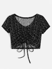 SHEIN EZwear Camiseta de verano con cordón delantero, estilo Cottagecore con estampado floral disperso de talla grande - Negro - Ver 5