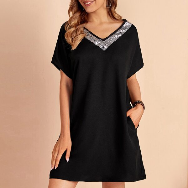 

Contrast Sequin Hidden Pocket Dress, Black