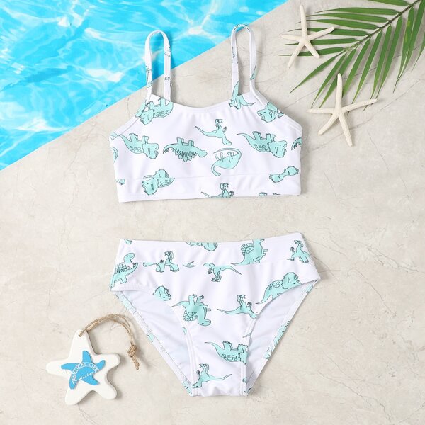 

Girls Cartoon Dinosaur Print Bikini Swimsuit, Multicolor