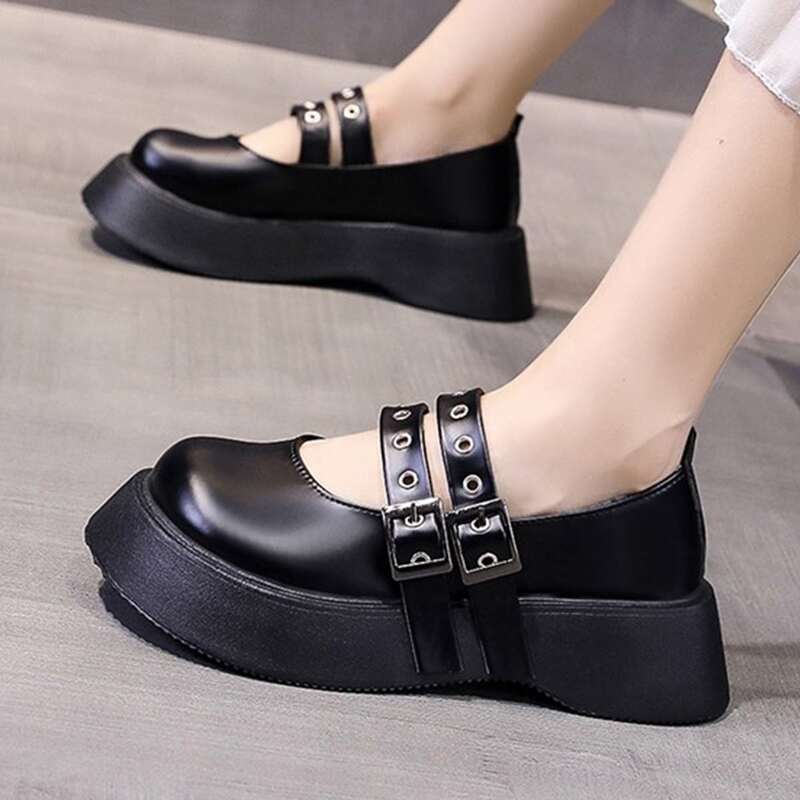 

Grommet Buckle Flatform Mary Janes, Black
