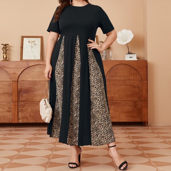 

Plus Leopard Print A-line Dress, Black