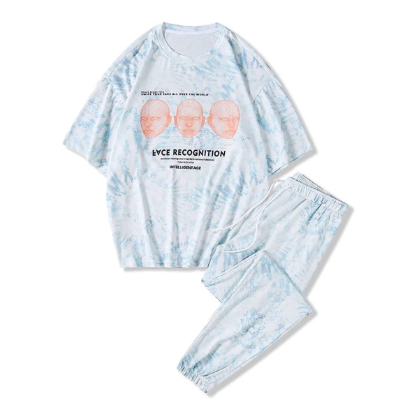 

Men Slogan And Figure Graphic Tee & Drawstring Waist Sweatpants, Baby blue