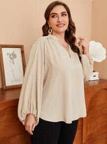 Mulvari Plus Notched Neck Lantern Sleeve Blouse - Khaki - View 2
