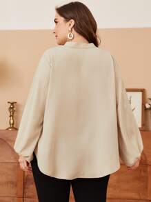 Mulvari Plus Notched Neck Lantern Sleeve Blouse - Khaki - View 3