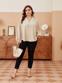Mulvari Plus Notched Neck Lantern Sleeve Blouse - Khaki - View 4