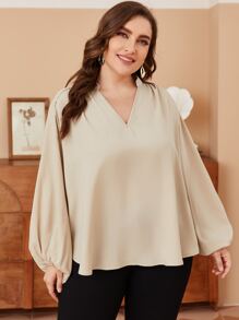 Mulvari Plus Notched Neck Lantern Sleeve Blouse - Khaki - View 5