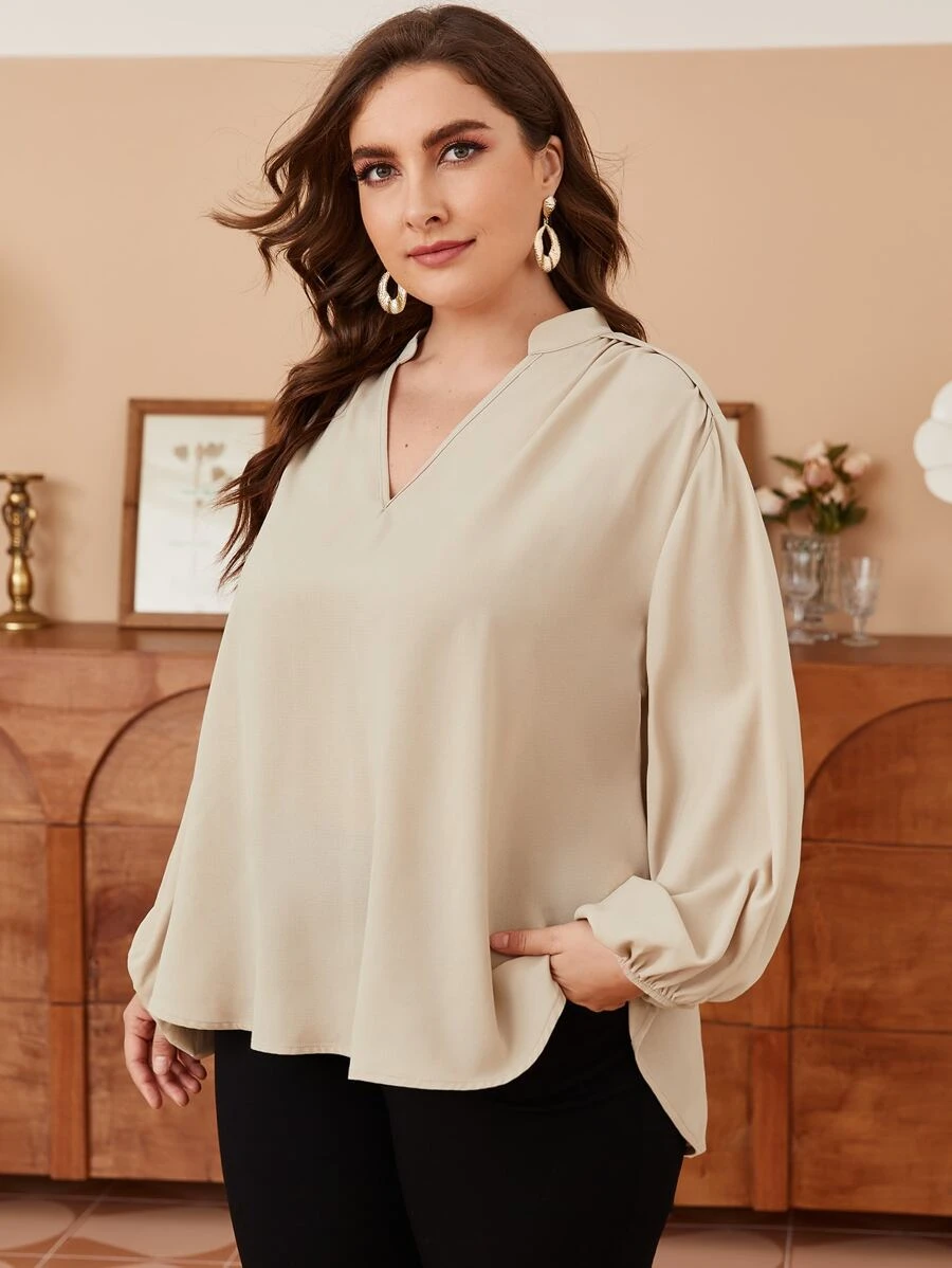 Mulvari Plus Notched Neck Lantern Sleeve Blouse - Khaki - View 1