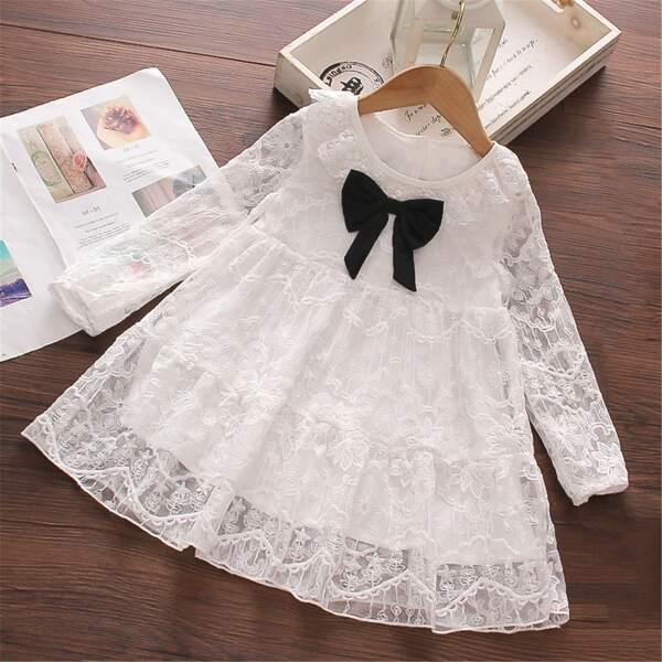 

Toddler Girls Bow Front Button Back Lace Dress, White