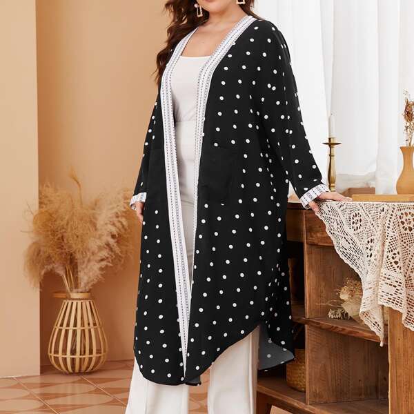 

Plus Polka Dot Print Pocket Patched Open Front Abaya, Black