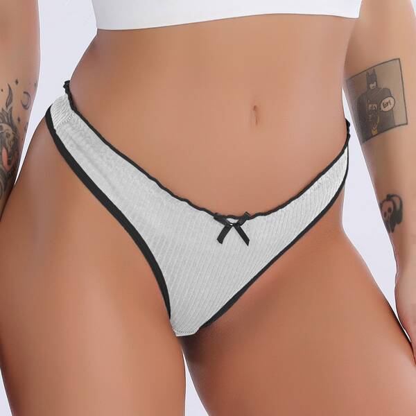 

Contrast Binding Bow Decor Panty, Grey