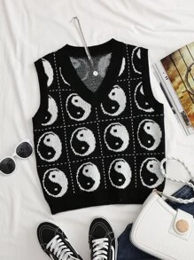 Yin & Yang Pattern Sweater Vest - Black - View 1