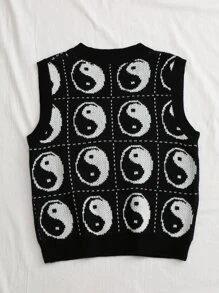 Yin & Yang Pattern Sweater Vest - Black - View 2