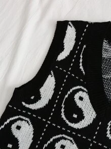 Yin & Yang Pattern Sweater Vest - Black - View 3