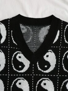 Yin & Yang Pattern Sweater Vest - Black - View 6