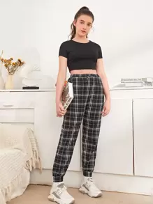 SHEIN Teen Girls Crop Top And Plaid Trousers Set - Black and White - View 1