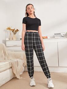 SHEIN Teen Girls Crop Top And Plaid Trousers Set - Black and White - View 3