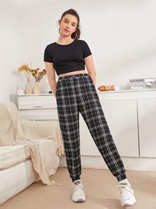 SHEIN Teen Girls Crop Top And Plaid Trousers Set - Black and White - View 4