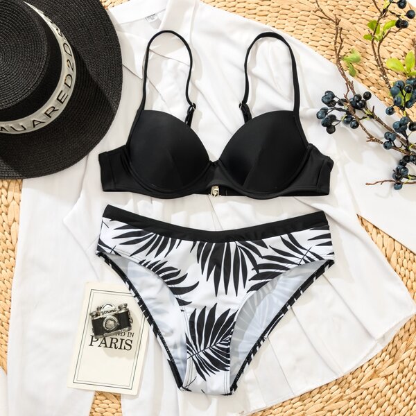 

Tropical Print Push Up Bikini Swimsuit, Black and white