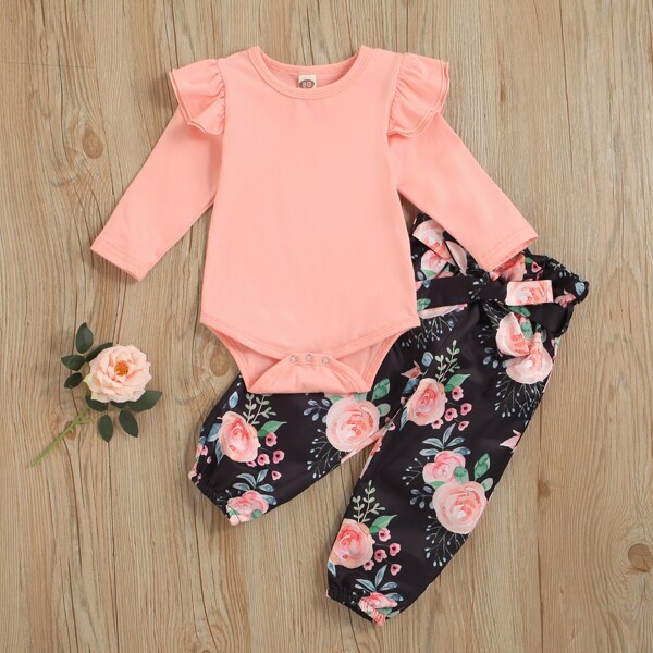 

Baby Ruffle Trim Bodysuit & Floral Belted Pants, Multicolor