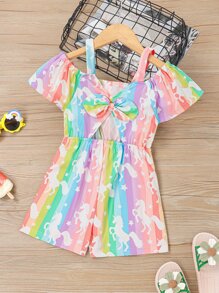 Niñas Mono con estampado de dibujos animados lazo - Multicolor - Ver 1