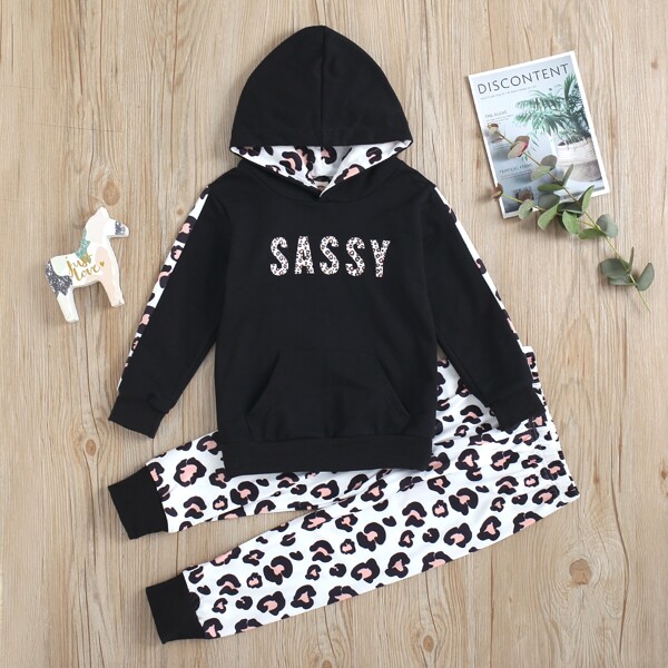 

Toddler Girls Leopard And Letter Graphic Hoodie & Sweatpants, Black